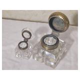 Antique Crystal Inkwell Set with Brass & Sterling Lids