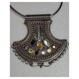 Vintage Silver Tribal Gemstone Jeweled Amulet Necklace ~ 42g