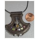 Vintage Silver Tribal Gemstone Jeweled Amulet Necklace ~ 42g