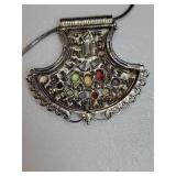 Vintage Silver Tribal Gemstone Jeweled Amulet Necklace ~ 42g