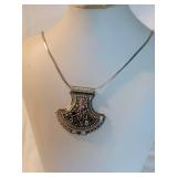 Vintage Silver Tribal Gemstone Jeweled Amulet Necklace ~ 42g