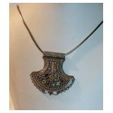 Vintage Silver Tribal Gemstone Jeweled Amulet Necklace ~ 42g