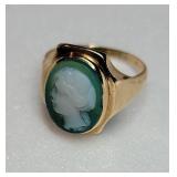 Gold Green Carved Cameo Ring Featuring a Girl ~ Size 5, 3g