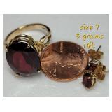 14K Yellow Gold Garnet Cabochon Ring and Earring Set ~ Size 7