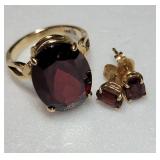 14K Yellow Gold Garnet Cabochon Ring and Earring Set ~ Size 7