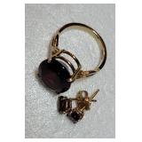 14K Yellow Gold Garnet Cabochon Ring and Earring Set ~ Size 7