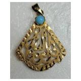 Intricate Gold Arabic Calligraphy Pendant with Turquoise Accent