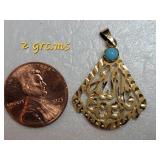 Intricate Gold Arabic Calligraphy Pendant with Turquoise Accent