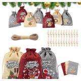24 Pcs Christmas Advent Calendar Burlap Bags with Drawstrings - Brand New