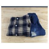 Hooded Plaid Shirt & Denim Jeans Set - Blue & Tan - Boys Size 2-3 Years - Brand New