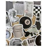 60 Greyscale Mixed Stickers - 8 Ball, Black Cat, Newspaper, Etc. - Brand New