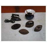 Vintage Irons & Heavy Steel Enameled Pot