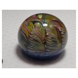 Signed Art Glass Paperweight Feathered and Swirl Glass