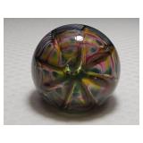 Signed Art Glass Paperweight Feathered and Swirl Glass