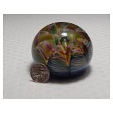 Signed Art Glass Paperweight Feathered and Swirl Glass