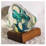 Rollin Karg Signed Art Glass Sculpture on Lighted Wood Base