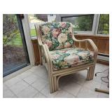 Bright Rattan Armchair with Cabbage Rose Upholstery