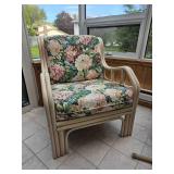 Bright Rattan Armchair with Cabbage Rose Upholstery