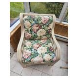 Bright Rattan Armchair with Cabbage Rose Upholstery