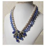Glamorous Signed Miriam Haskell Baroque Pearl and Blue Crystal Statement Necklace with Ornate Medallion