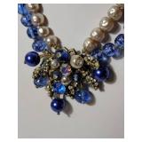 Glamorous Signed Miriam Haskell Baroque Pearl and Blue Crystal Statement Necklace with Ornate Medallion
