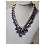 Glamorous Signed Miriam Haskell Baroque Pearl and Blue Crystal Statement Necklace with Ornate Medallion