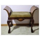 Stunning Antique French Mahogany Inlaid Footstool - Green Upholstery