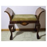 Stunning Antique French Mahogany Inlaid Footstool - Green Upholstery