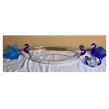 Blue Art Glass Swan and Center Bowl Group