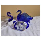 Blue Art Glass Swan and Center Bowl Group