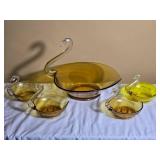 Amber Tone Hand Blown Swan Glass Console Bowl Set