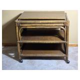 Vintage Rattan Rolling Bar Cart / Side Table