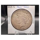 1923-s Peace Silver Dollar in Blue & Gold Holder