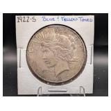 1922-s Peace Silver Dollar Blue & Yellow Toned