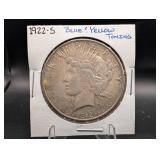 1922-s Peace Silver Dollar With Blue Yellow Toning