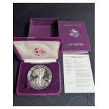 1989 Silver American Eagle Proof Dollar Coin in Case With Coa
