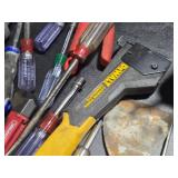 Lot of (1 Bucket) Hand Tools - Pliers, Nutdrivers, Screwdrivers, Hammer Stapler,