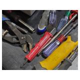 Lot of (1 Bucket) Hand Tools - Pliers, Nutdrivers, Screwdrivers, Hammer Stapler,