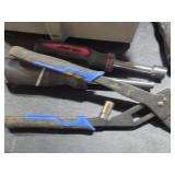 Lot of (1 Bucket) Hand Tools - Pliers, Nutdrivers, Screwdrivers, Hammer Stapler,