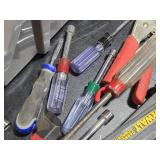 Lot of (1 Bucket) Hand Tools - Pliers, Nutdrivers, Screwdrivers, Hammer Stapler,