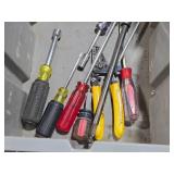 Lot of (1 Bucket) Hand Tools - Pliers, Nutdrivers, Screwdrivers, Hammer Stapler,