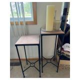 Set of 2 Metal Plant Stands Pedestal Accent Tables Stone Look Tops