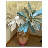 Large Faux Leaf Floor Arrangement in Pink Glass Vase Blue Cream Decor