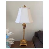Pair Gold Tone Neoclassical Table Lamps w White Shades Good