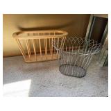 Magazine Rack Basket Lot Wood Slatted Holder & Metal Wire Floor Basket
