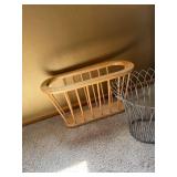 Magazine Rack Basket Lot Wood Slatted Holder & Metal Wire Floor Basket