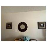 3 Pc Contemporary Wall Decor Set Framed Abstract Art & Round Mirror