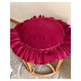 Vintage Rattan Footstool Ottoman Burgundy Velvet Cushion Round