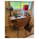 Small Oak-Look Writing Desk With Woven Chair 39x18x28 Good