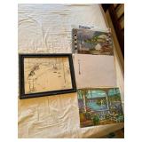 Paint by Numbers Art Lot w Framed Cartoon Drawing & Finished Canvas